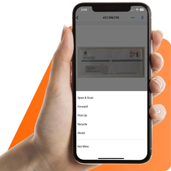 Hand holding a phone showing the Anytime Mailbox mail actions menu