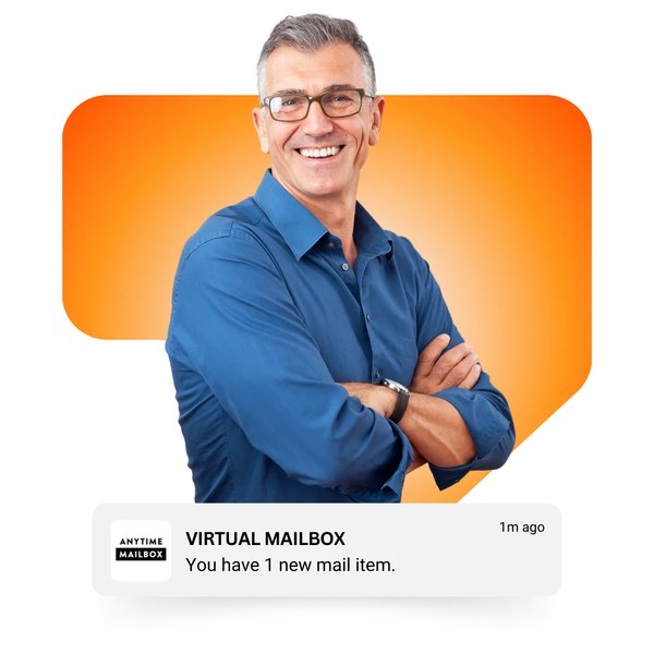 Smiling professional next to an Anytime Mailbox notification saying you have 1 new mail item