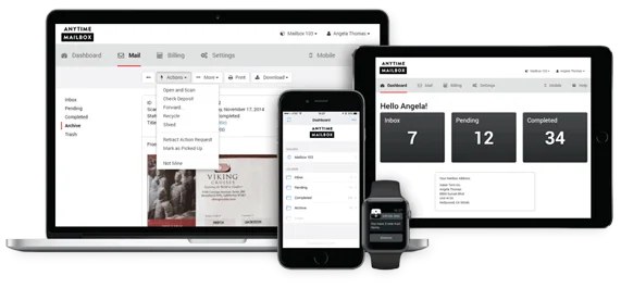 Anytime Mailbox web portal shown on a laptop, tablet, phone and smartwatch