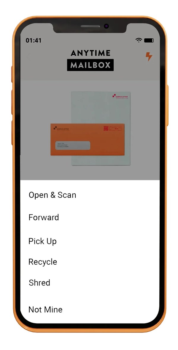 Anytime Mailbox app menu showing the open and scan, forward, pick up, recycle and shred options